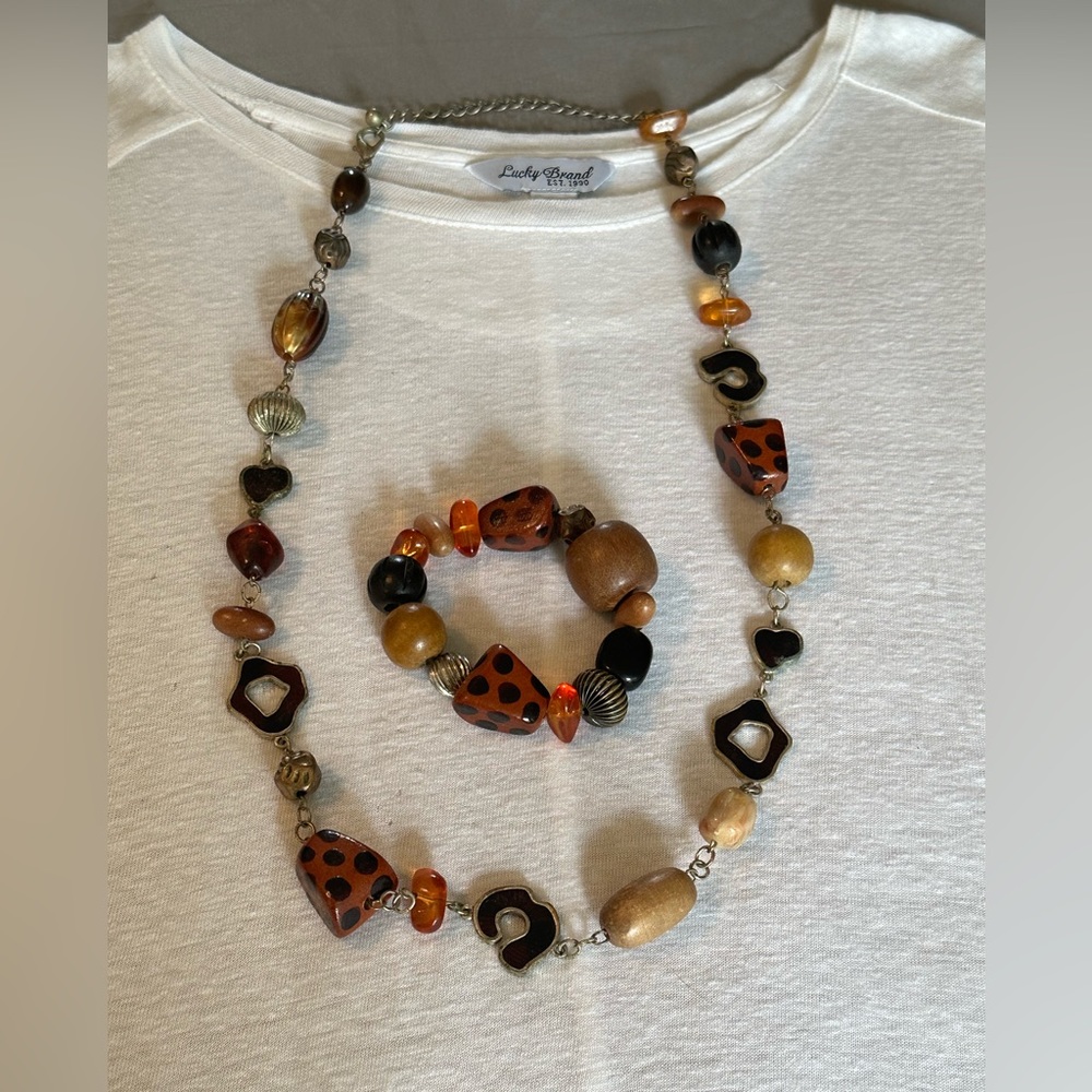 Chico’s Long Brown and Gold Beaded Necklace and Bracelet Set